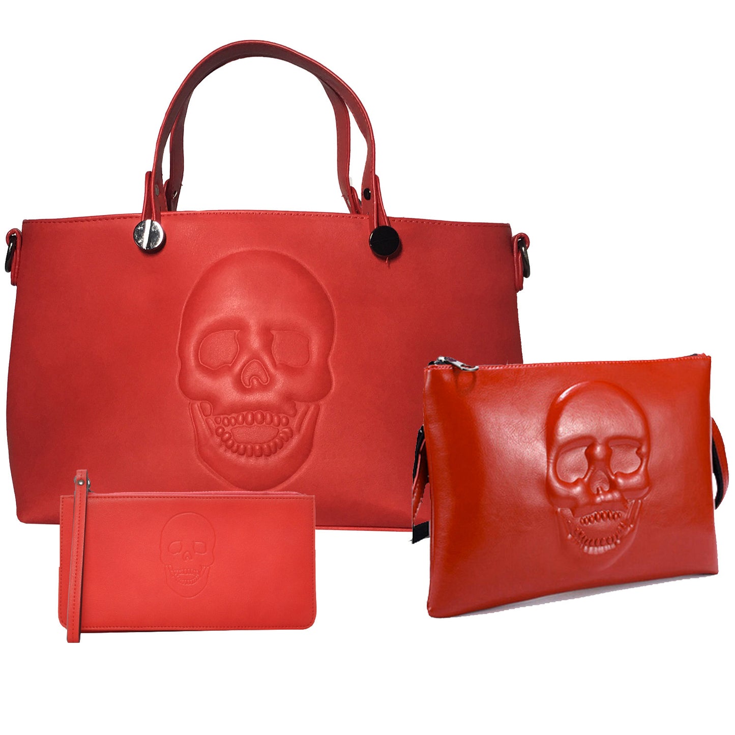 Mechaly Women's Skully Red Vegan Leather Skull Handbag, Crossbody, Wallet Set
