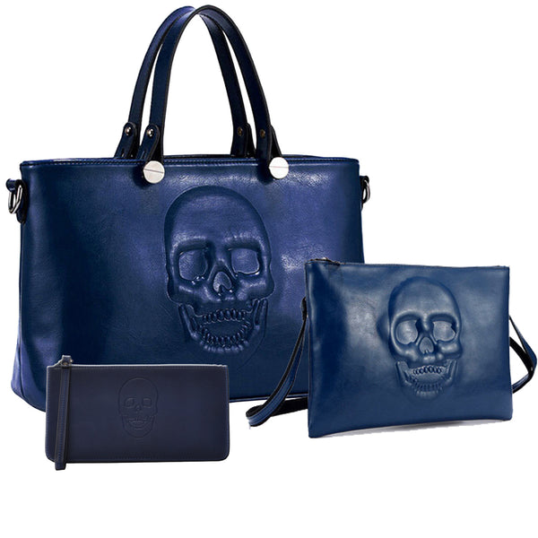 Mechaly Women's Skully Blue Vegan Leather Skull Handbag, Crossbody, Wallet Set