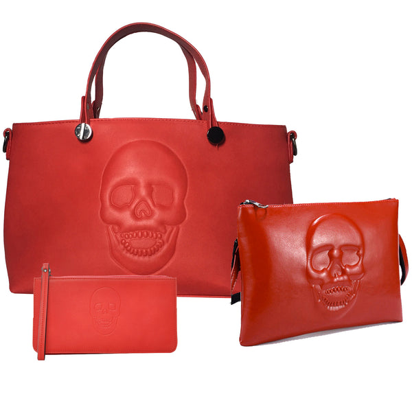 Mechaly Women's Skully Red Vegan Leather Skull Handbag, Crossbody, Wallet Set